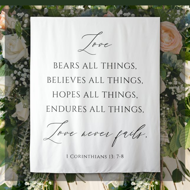 Love Never Fails” Wedding Tapestry Backdrop (Love Never Fails Wedding Backdrop Tapestry)