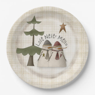Love Never Melts Snowman Couple Plaid Paper Plate
