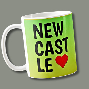 Love NEWCASTLE (or you text) Heart on Green Gold Coffee Mug