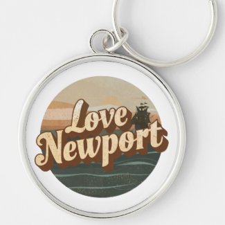 Love Newport keyring with retro sunset and medieva