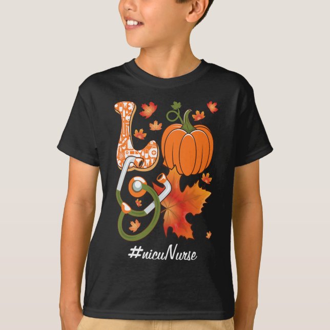 Love NICU Nurse Neonatal Fall Autumn Pumpkin Maple T-Shirt (Front)