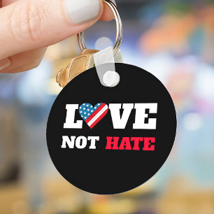 Love Not Hate, Bold Rustic USA Flag Heart, Black Key Ring