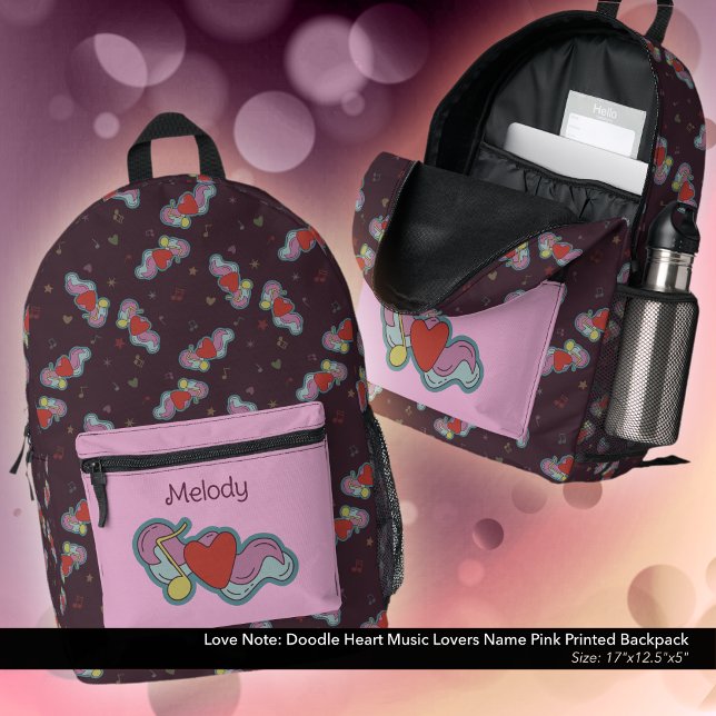 Love Note: Doodle Heart Music Lovers Name Pink Printed Backpack (Love Note Doodle Design Backpack: Personalized with Owner's Name - Pink Accent Color)