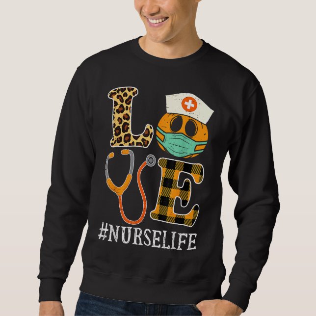 Love Nurse Halloween Pumpkin Leopard Fall Thanksgi Sweatshirt (Front)
