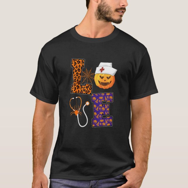 LOVE Nurse Pumpkin Fall Doctor Leopard Halloween N T-Shirt (Front)