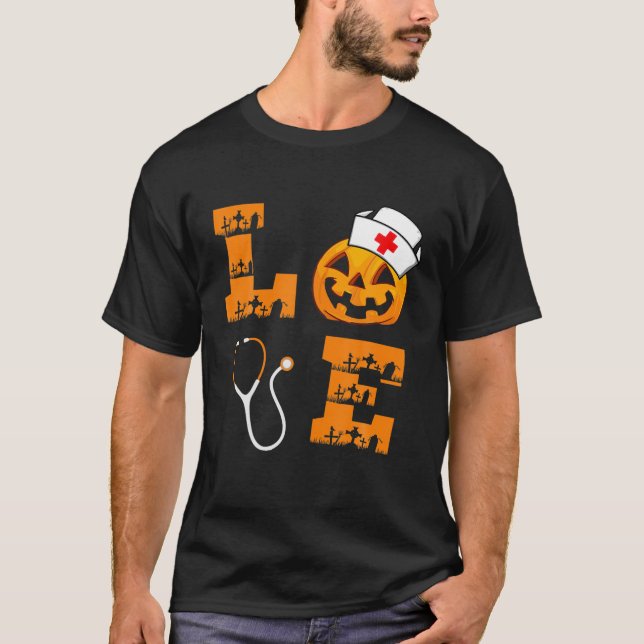 Love Nurse Pumpkin Jack O Lantern Funny Halloween T-Shirt (Front)