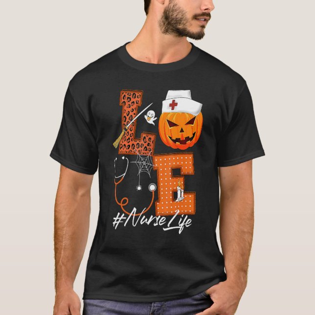 Love Nurse Pumpkin Leopard Fall Halloween Thanksgi T-Shirt (Front)