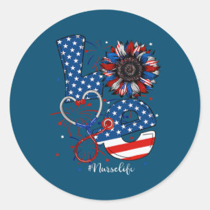 Love Nurse Sunflower USA Flag Stethoscope 4th Of Classic Round Sticker