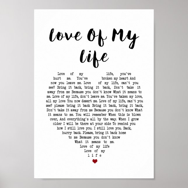 Love Of My Life Heart Song Lyric Wall Art Print (Front)