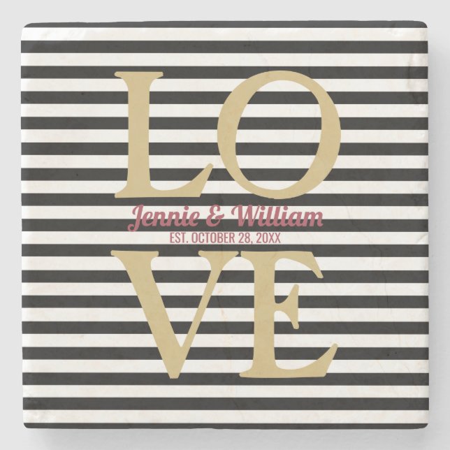 LOVE on Black Stripes Wedding Date Stone Coaster (Front)