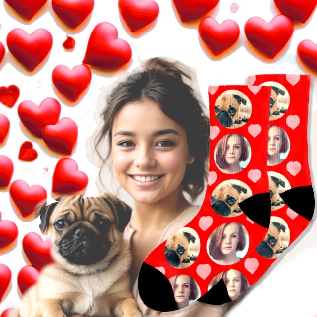 Love on Your Toes photo printed  Socks (Headshot photo love socks with hearts on red background.)