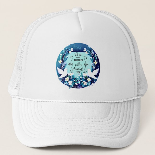Love One Another Blue and White Doves Trucker Hat (Front)