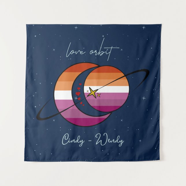 Love Orbit Universe Sun & Moon Sunset Lesbian Flag Tapestry (Front)