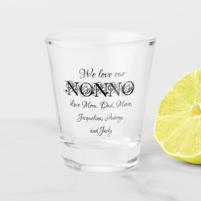 Love Our Nonno Personalised Kids Names Modern Cool Shot Glass (Front)