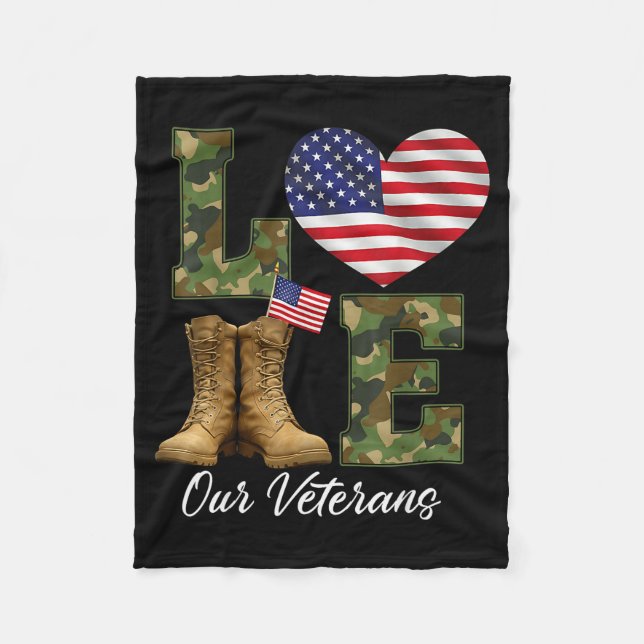 Love Our Veterans Day Proud Military American Flag Fleece Blanket (Front)