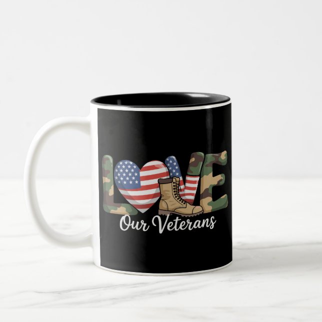 Love Our Veterans Day Proud Military American Flag Two-Tone Coffee Mug (Left)