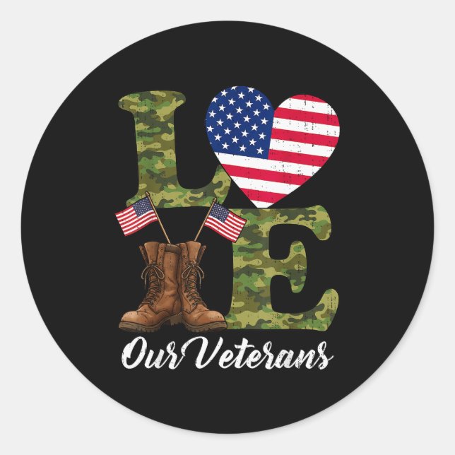 Love Our Veterans Usa Flag Heart Patriotic Army Mi Classic Round Sticker (Front)