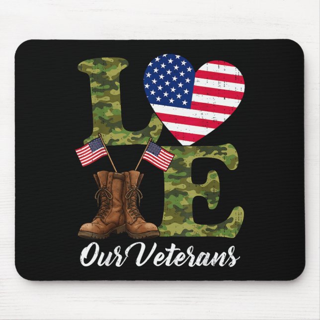 Love Our Veterans Usa Flag Heart Patriotic Army Mi Mouse Mat (Front)