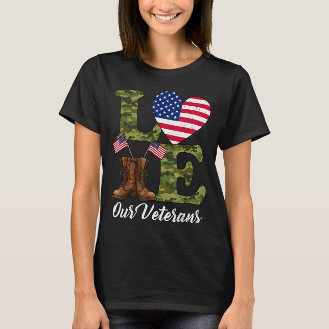 Love Our Veterans Usa Flag Heart Patriotic Army Mi T-Shirt (Front)