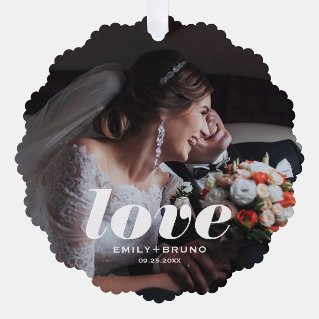 Love Overlay Custom Photo & Names  Tree Decoration Card (Front)