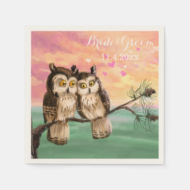 Love owls hearts pink napkin (Front)