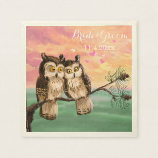 Love owls hearts pink napkin