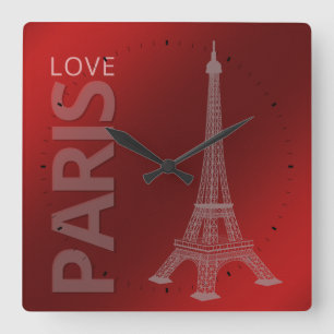 Love Paris Dark Red Square Wall Clock