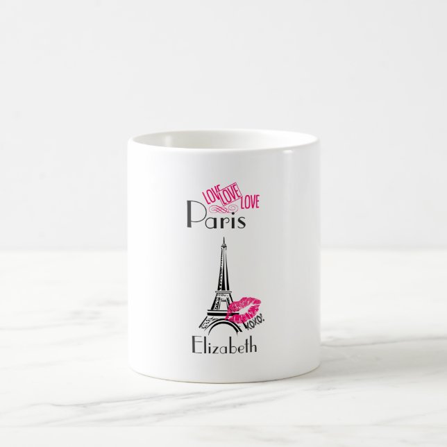 Love Paris with Eiffel Tower and Lipstick Lips Coffee Mug (Center)