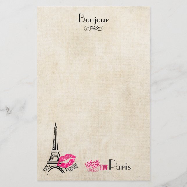 Love Paris with Eiffel Tower on Parchment Texture Stationery (Front)