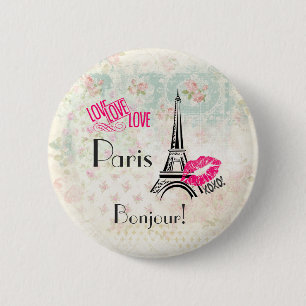Love Paris with Eiffel Tower on Vintage Pattern 6 Cm Round Badge