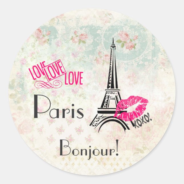 Love Paris with Eiffel Tower on Vintage Pattern Classic Round Sticker (Front)