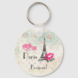 Love Paris with Eiffel Tower on Vintage Pattern Key Ring