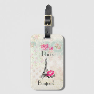Love Paris with Eiffel Tower on Vintage Pattern Luggage Tag