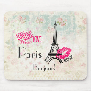 Love Paris with Eiffel Tower on Vintage Pattern Mouse Mat