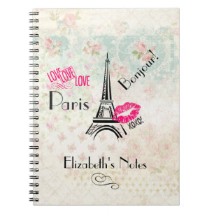 Love Paris with Eiffel Tower on Vintage Pattern Notebook