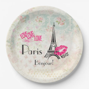Love Paris with Eiffel Tower on Vintage Pattern Paper Plate