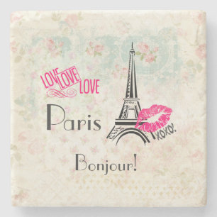 Love Paris with Eiffel Tower on Vintage Pattern Stone Coaster