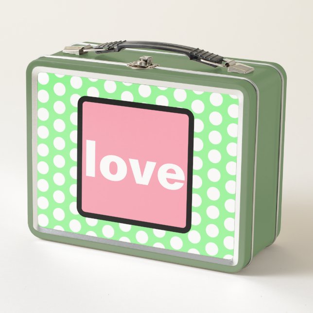 Love Pastel Pink Mint Green Polka Dots Metal Lunch Box (Front)