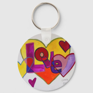 Love Patchwork Hearts Watercolor Painting Keychain