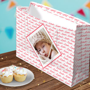 Love Pattern with Two Photos Pink Valentine's Day Large Gift Bag