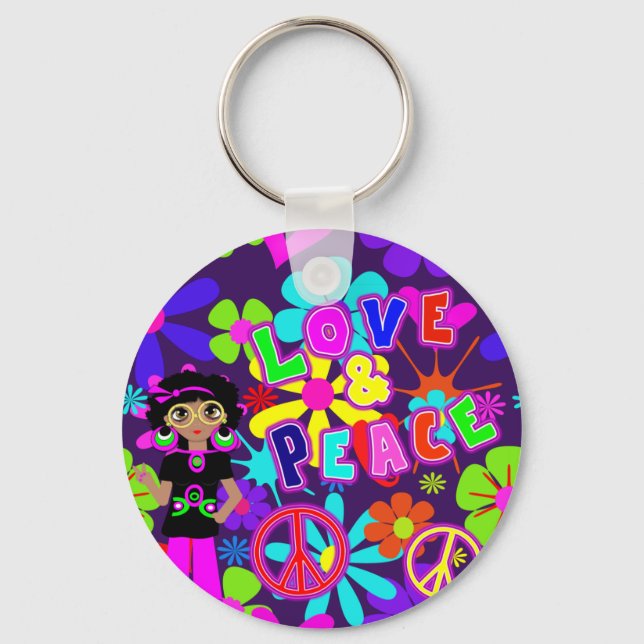 Love & Peace 60'S  Hippie Flower Power Groovy Key Ring (Front)