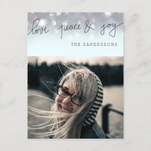Love Peace And Joy Bokeh Script Modern Photo Holiday Postcard