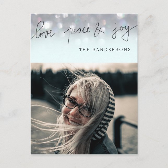 Love Peace And Joy Bokeh Script Modern Photo Holiday Postcard (Front)