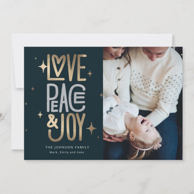Love Peace and Joy Gold and Silver Holiday Card (Front)
