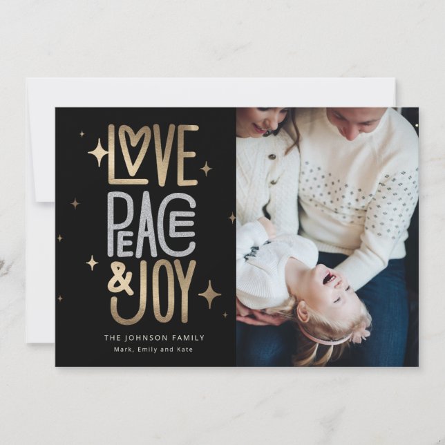 Love Peace and Joy Gold and Silver Holiday Card (Front)