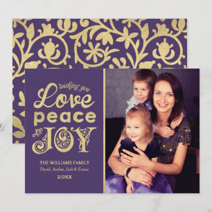 Love Peace and Joy Purple Gold Photo Holiday Card