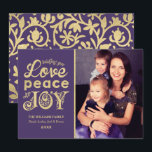 Love Peace and Joy Purple Gold Photo Holiday Card<br><div class="desc">Vintage faux gold foil typography holiday photo card features "Wishing you Love,  Peace and Joy" stylized text,  custom text that can be personalized,  and a floral scroll pattern on the back. Purple / eggplant background color can be customized to coordinate with your photo.</div>