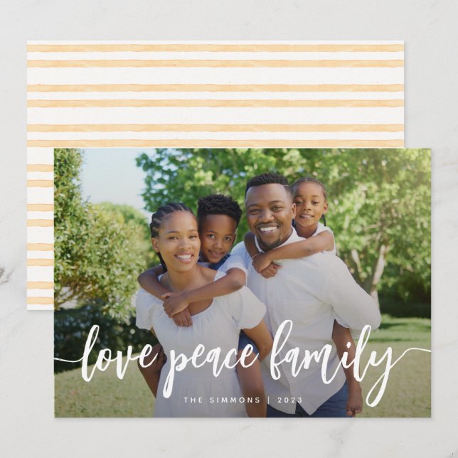 Love Peace Family Modern Brush Script Photo Holiday Card (Front/Back)