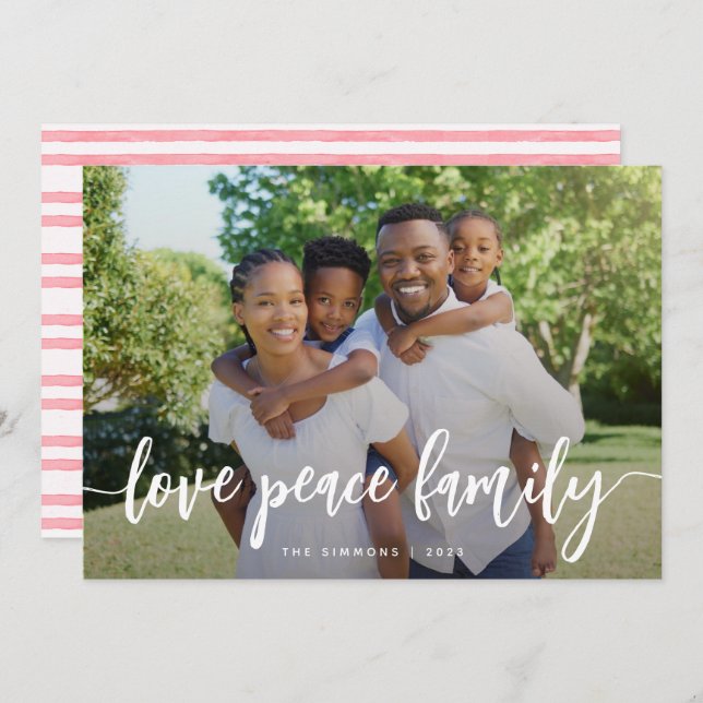 Love Peace Family Modern Brush Script Photo Holiday Card (Front/Back)