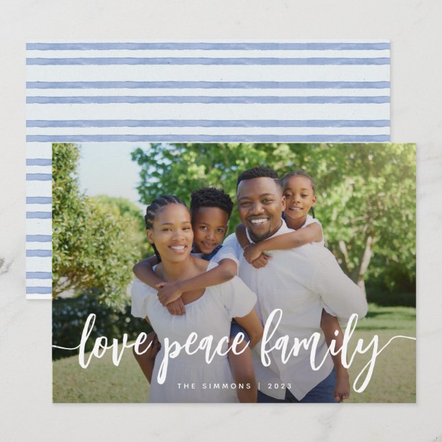 Love Peace Family Modern Brush Script Photo Holiday Card (Front/Back)